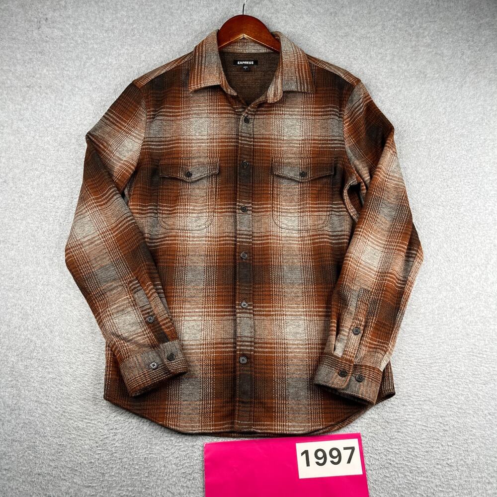 Express Flannel Shirt Brown Plaid Pocket Casual Button Up Long Sleeve Mens Small